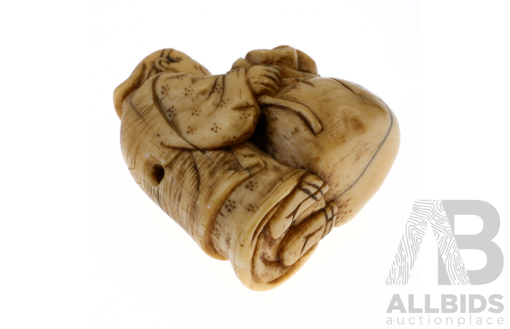 Antique Hand Carved Japanese Ivory Netsuke, Man with Water Gourd
