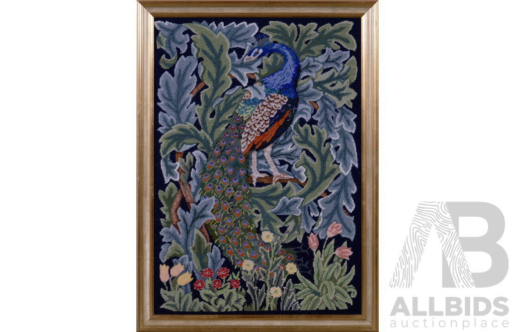 Joyce Wood, (20th Century, Australian), The Peacock Detail From William Morris' The Forest, Exquisitely Crafted Framed Wool Tapestry, 67 x 49 cm (frame)