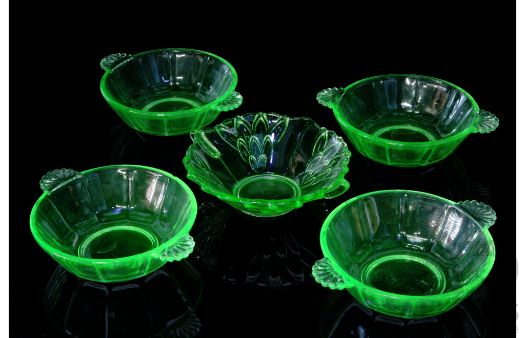 Vintage Set Four Uranium Glass Art Deco Bowls Along with Another Uranium Glass Bowl