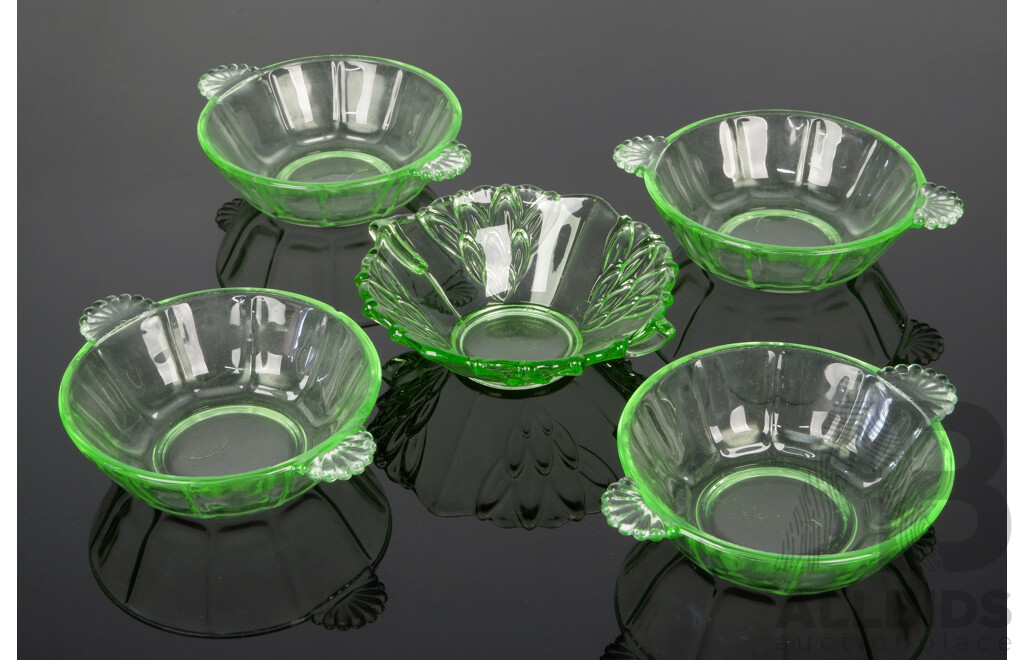 Vintage Set Four Uranium Glass Art Deco Bowls Along with Another Uranium Glass Bowl
