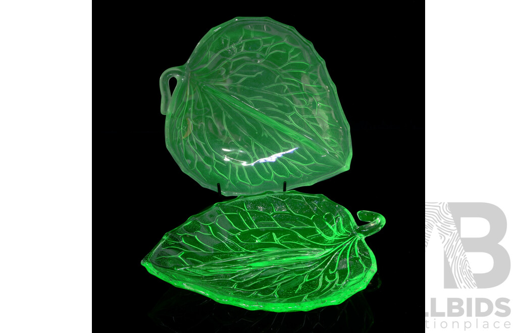Pair Uranium Glass Leaf Form Art Deco Appetizer Dishes