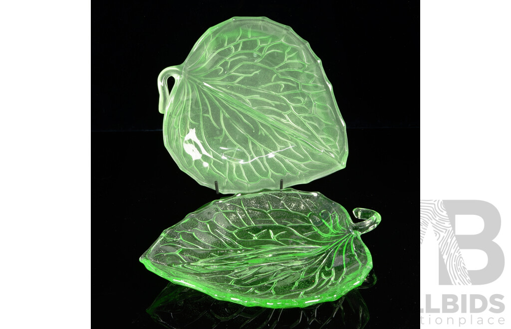Pair Uranium Glass Leaf Form Art Deco Appetizer Dishes