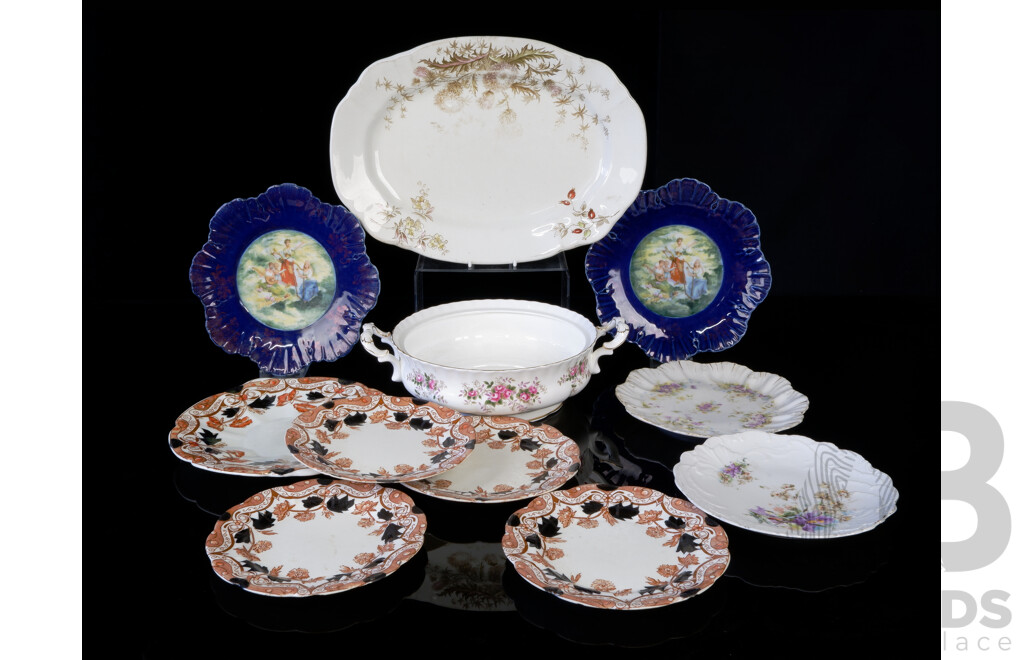 Collection Antique and Vintage Porcelain Including Five Clifton Examples, Royal Albert Tureen, John Edwards Platter, Two Hand Painted Display Plates and More