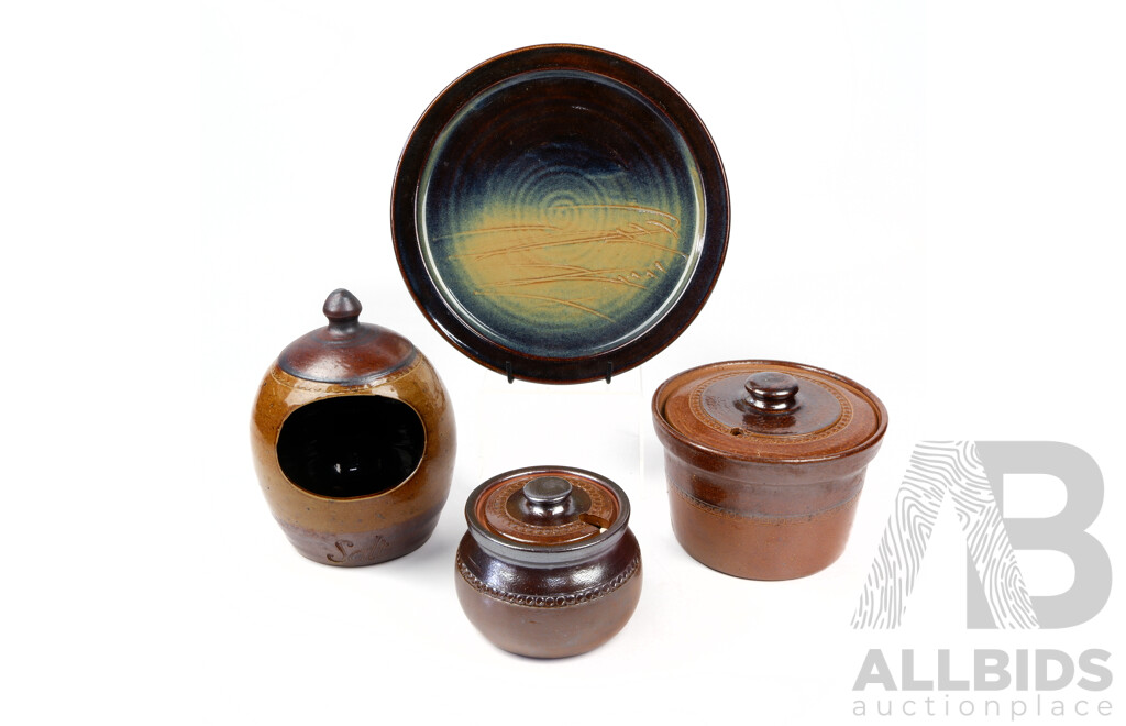 Collection Three Pieces Australian Bendigo Pottery Epsom Ware with Salt Glaze Along with Yarra Glen Pottery Platter