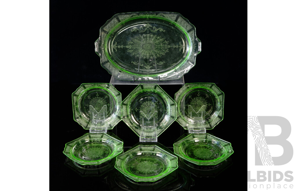 Vintage Set Uranium Glass Tray and Six Matching Side Plates