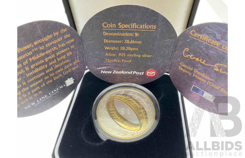 New Zealand Royal Mint 2003 Silver Proof One Dollar Coin, Commemorative Lord of the Rings .925