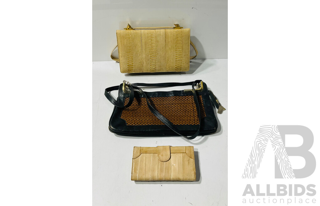 Pair of Handbags Including Snake Leather Example by Cape Cobra and Leather Handbag by Jade in London as Well as Beige Eel Skin Wallet