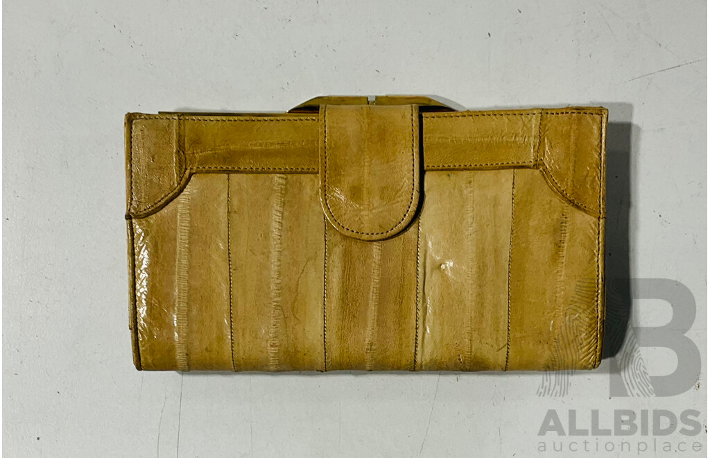 Pair of Handbags Including Snake Leather Example by Cape Cobra and Leather Handbag by Jade in London as Well as Beige Eel Skin Wallet