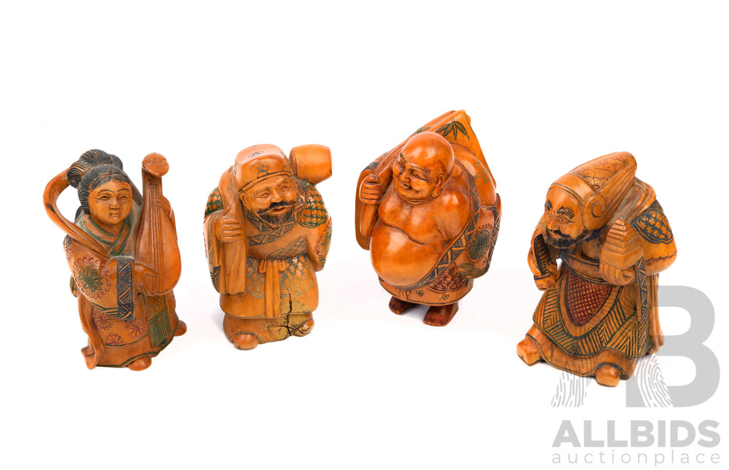 Set Four Vintage Finely Hand Carved Japanese Wooden Figures