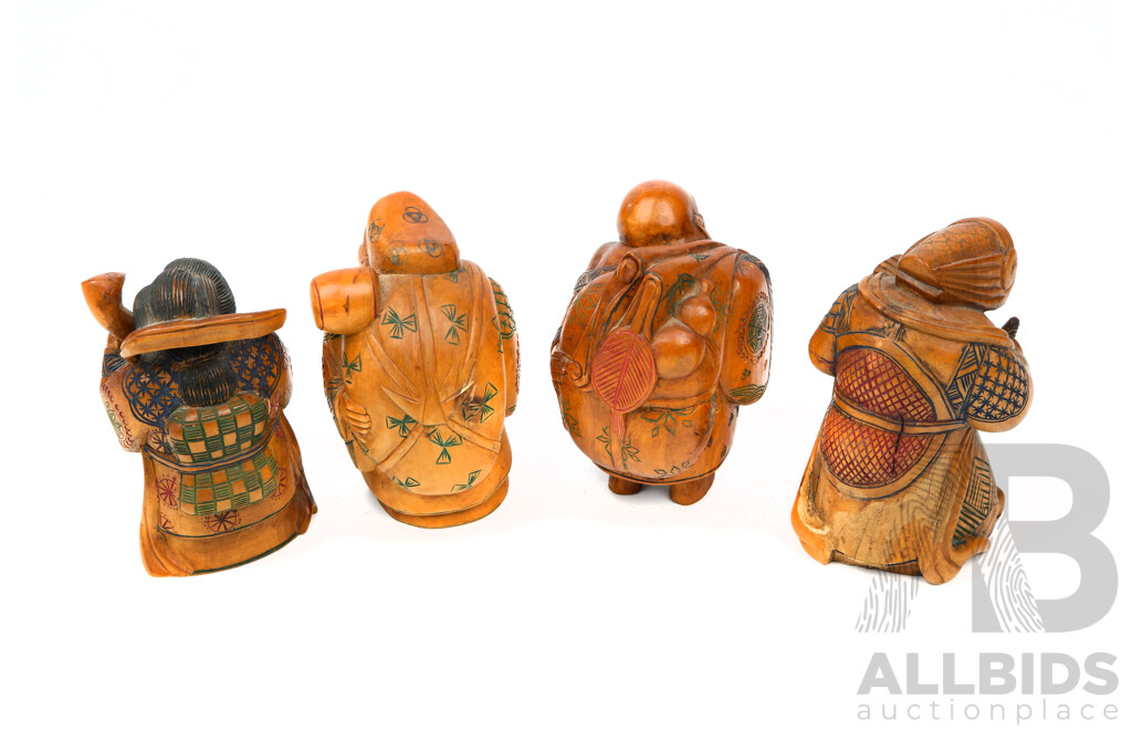 Set Four Vintage Finely Hand Carved Japanese Wooden Figures