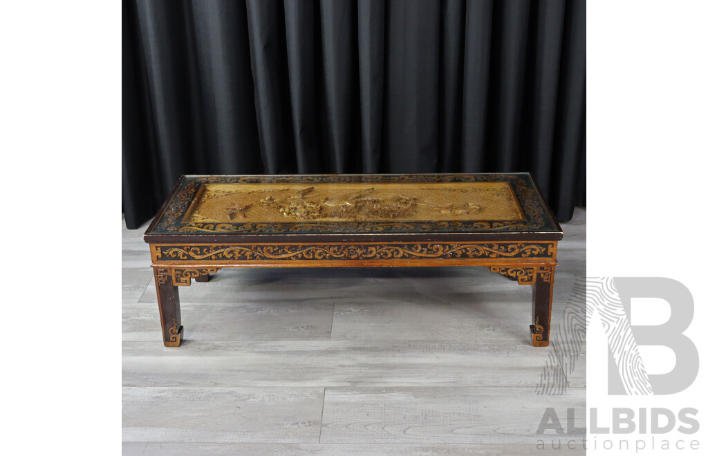 Vintage Hand Carved Chinese Birds Glass Top Coffee Table