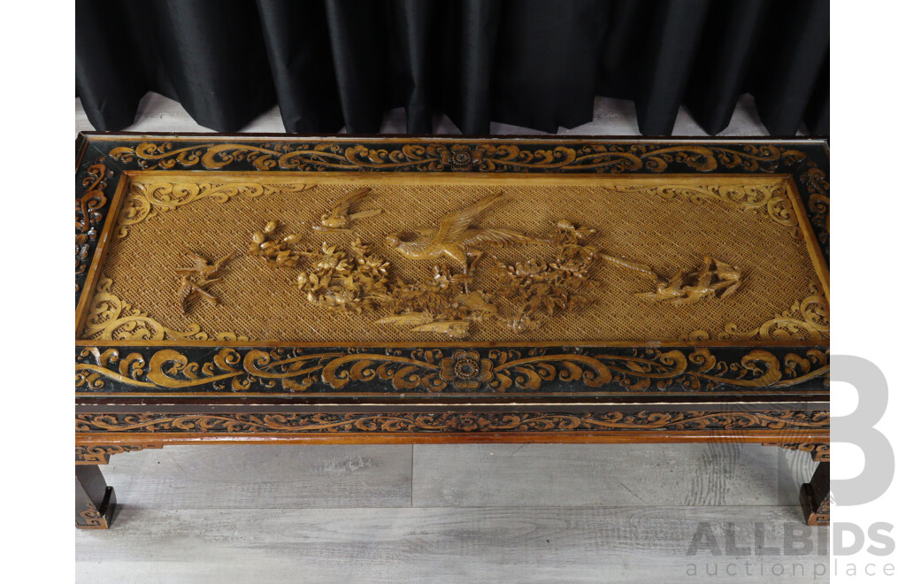Vintage Hand Carved Chinese Birds Glass Top Coffee Table