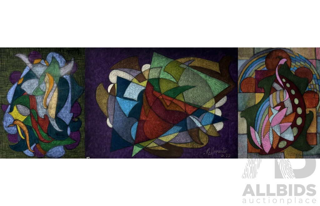 R. Revante, (20th Century), Trio of Abstracts (1977, 1978, 1981), Coloured Crayons on Black Felt Cardboard, 65 x 50 cm (unframed) (3)