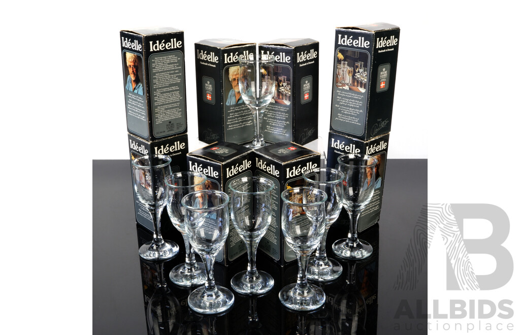 Collection Eight Mid Century Danish Holmegaard Ide Elle Port Glasses Designed by per Lutkin in Original Boxes