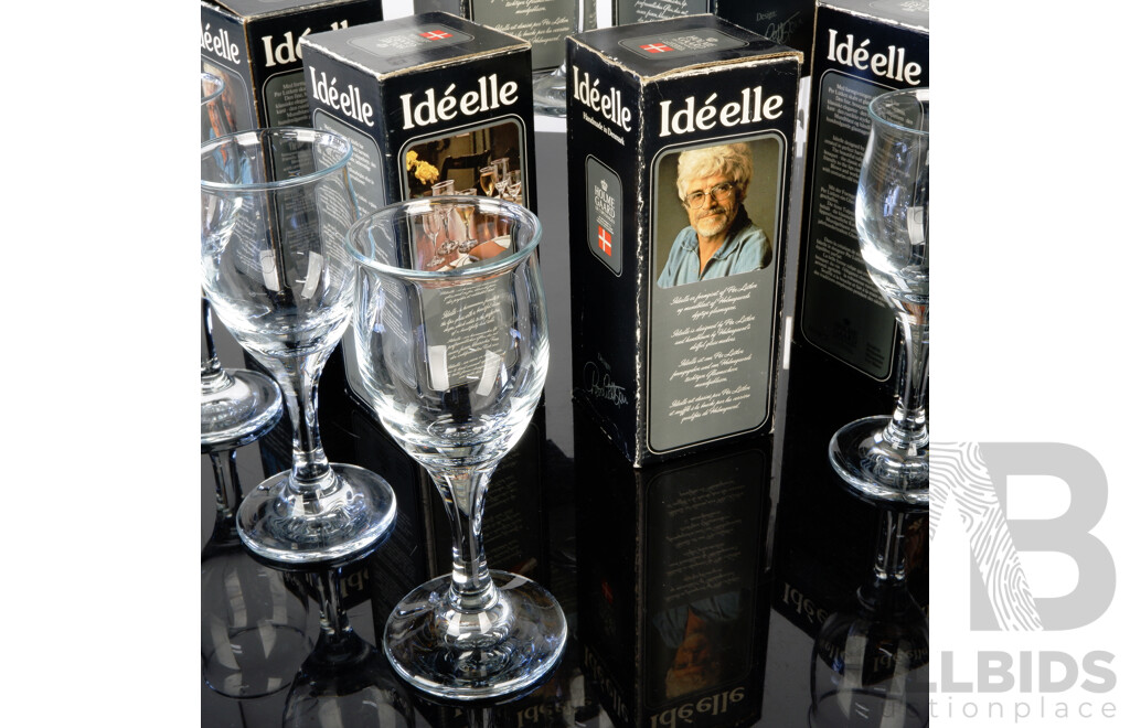 Collection Six Mid Century Danish Holmegaard Ide Elle White Wine Glasses Designed by Per Lütken in Original Boxes