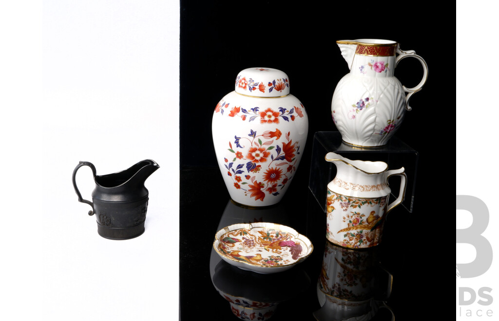 Collection Five Interesting Pieces Comprising Rare Early Black Basalt Ware Jug Circa 1820, Royal Crown Derby Jug & Underplate, Caughley Mask Head Jug by Coalport & Spode Ginger Jar,
