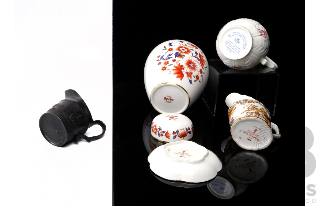 Collection Five Interesting Pieces Comprising Rare Early Black Basalt Ware Jug Circa 1820, Royal Crown Derby Jug & Underplate, Caughley Mask Head Jug by Coalport & Spode Ginger Jar,