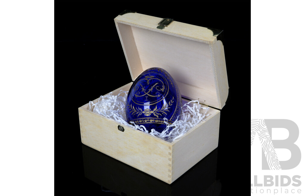 Vintage Hand Engraved Blue Crystal Egg Bearing C Faberge, St Petersburg Russia Label to Base Label