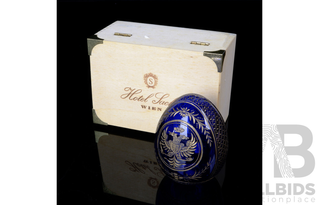 Vintage Hand Engraved Blue Crystal Egg Bearing C Faberge, St Petersburg Russia Label to Base Label