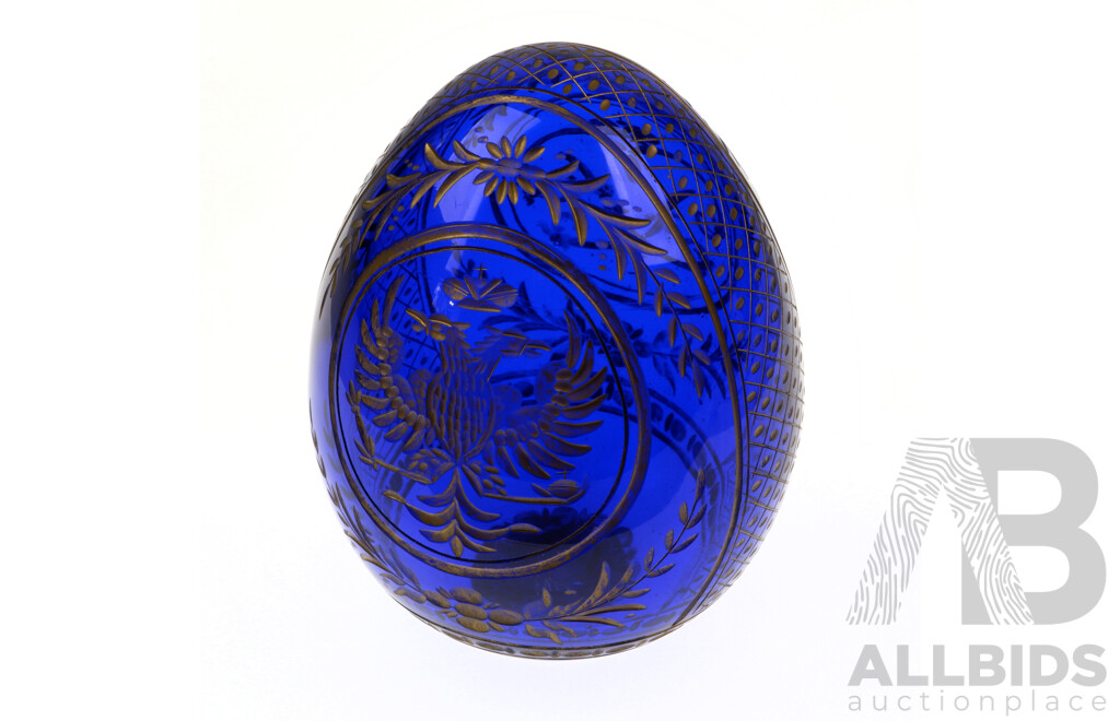 Vintage Hand Engraved Blue Crystal Egg Bearing C Faberge, St Petersburg Russia Label to Base Label