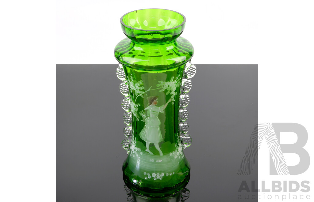 Antique Mary Gregory Green Glass Vase with Applied Glass Detail to Sides