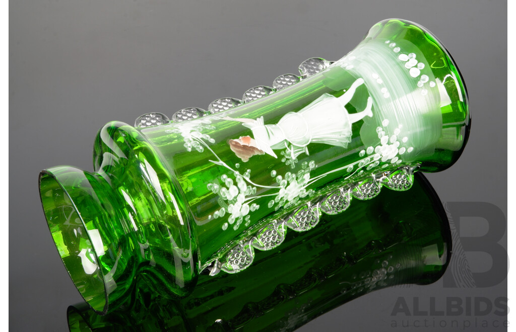 Antique Mary Gregory Green Glass Vase with Applied Glass Detail to Sides