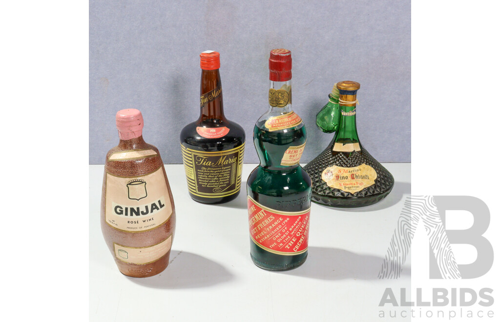 Collection Four Bottles Alcohol Comprising Tia Maria Get Freres Cream De Menth, St Martino Vino Chianti & Gingal Rose Wine