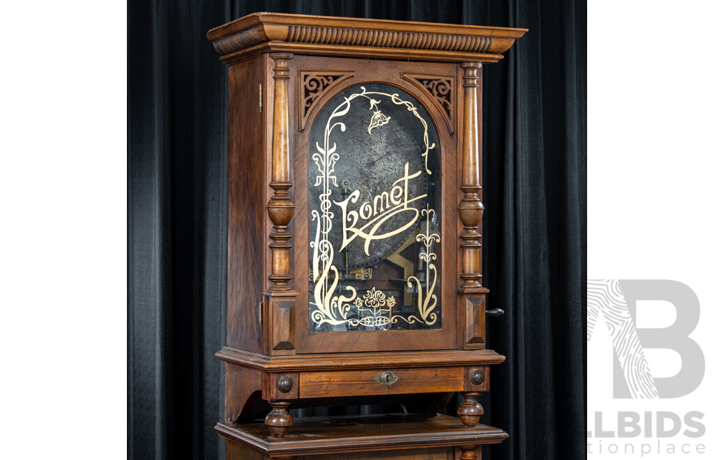 Turn of the Century Komet Upright Arcade Polyphone in Walnut Case on Later Stand with 44 Various 45cm Kalliope Discs