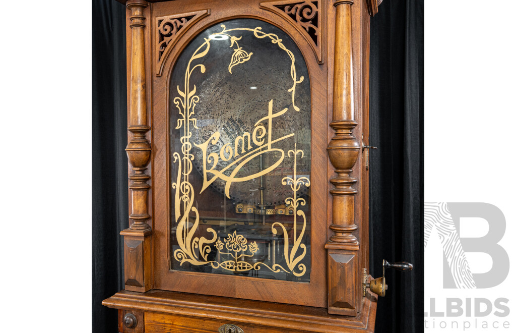 Turn of the Century Komet Upright Arcade Polyphone in Walnut Case on Later Stand with 44 Various 45cm Kalliope Discs