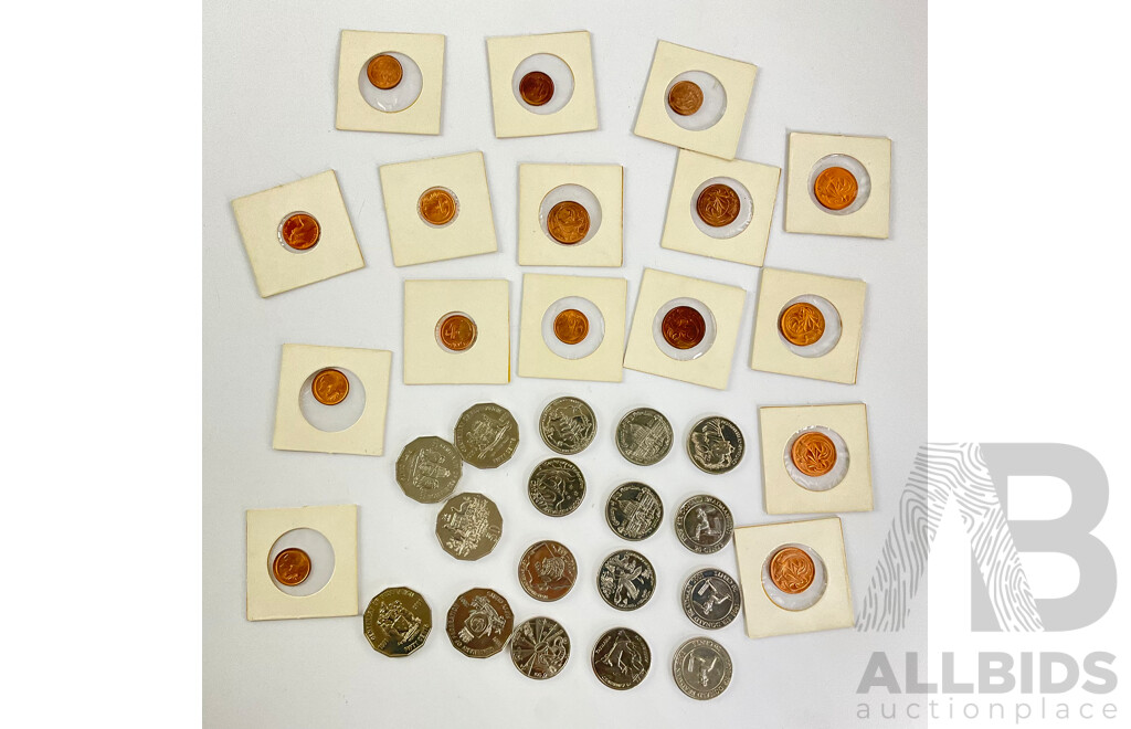 Australian One and Two Cent Coins, Ones 1966, 1969 Consecutive to 1976, Twos 1966, 1969 Consecutive to 1974, Twelve Comemorative Twenty Cents, Five 200 Fifty Cents - Centenary of Federation