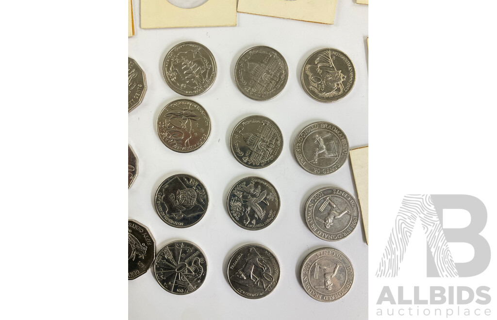 Australian One and Two Cent Coins, Ones 1966, 1969 Consecutive to 1976, Twos 1966, 1969 Consecutive to 1974, Twelve Comemorative Twenty Cents, Five 200 Fifty Cents - Centenary of Federation