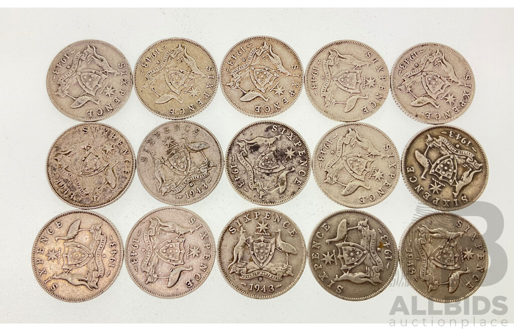 Fifteen Australian 1943, 1943D, 1943S Silver Sixpence .925