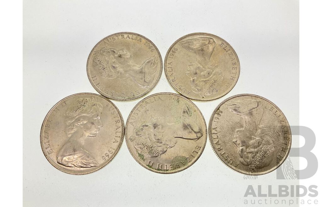Five Australian 1966 Round Silver Fifty Cent Coins .800