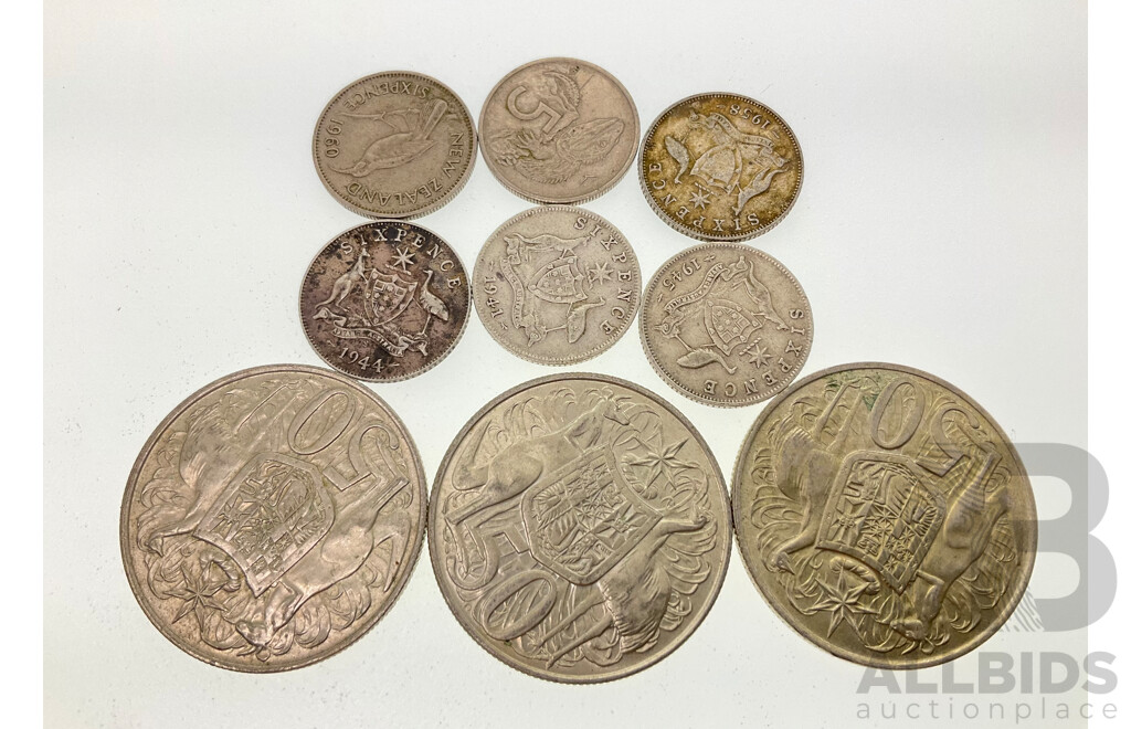 Three Australian 1966 Round Silver Fifty Cent Coins, Four Sixpence 1941,1944, 1945, 1958, New Zealand 1960 Sixpence and 1967 Five Cent