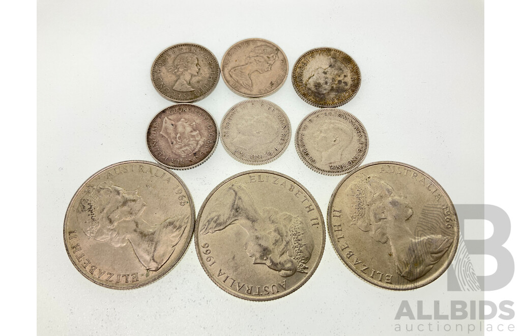 Three Australian 1966 Round Silver Fifty Cent Coins, Four Sixpence 1941,1944, 1945, 1958, New Zealand 1960 Sixpence and 1967 Five Cent