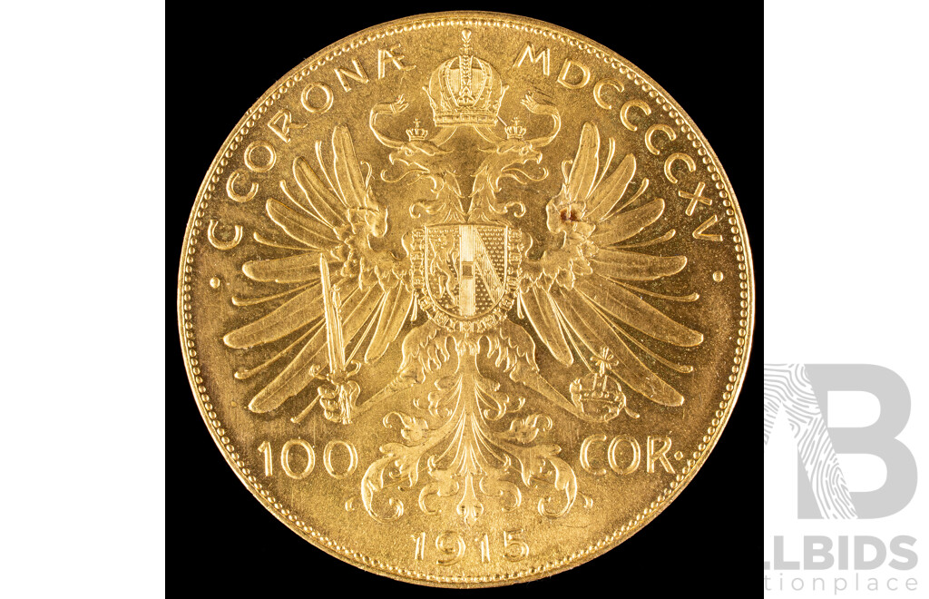 Austrian Empire 1915 Gold One Hundred Corona Coin, Francis Joseph I .900 - 33.88 Grams