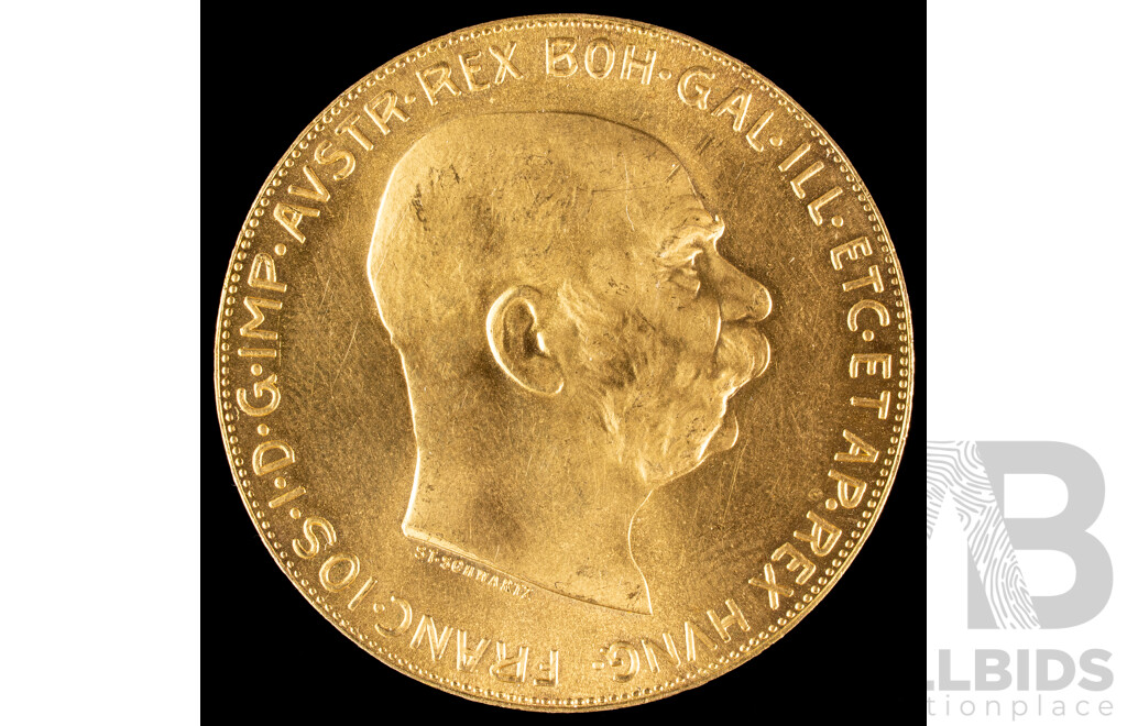 Austrian Empire 1915 Gold One Hundred Corona Coin, Francis Joseph I .900 - 33.88 Grams