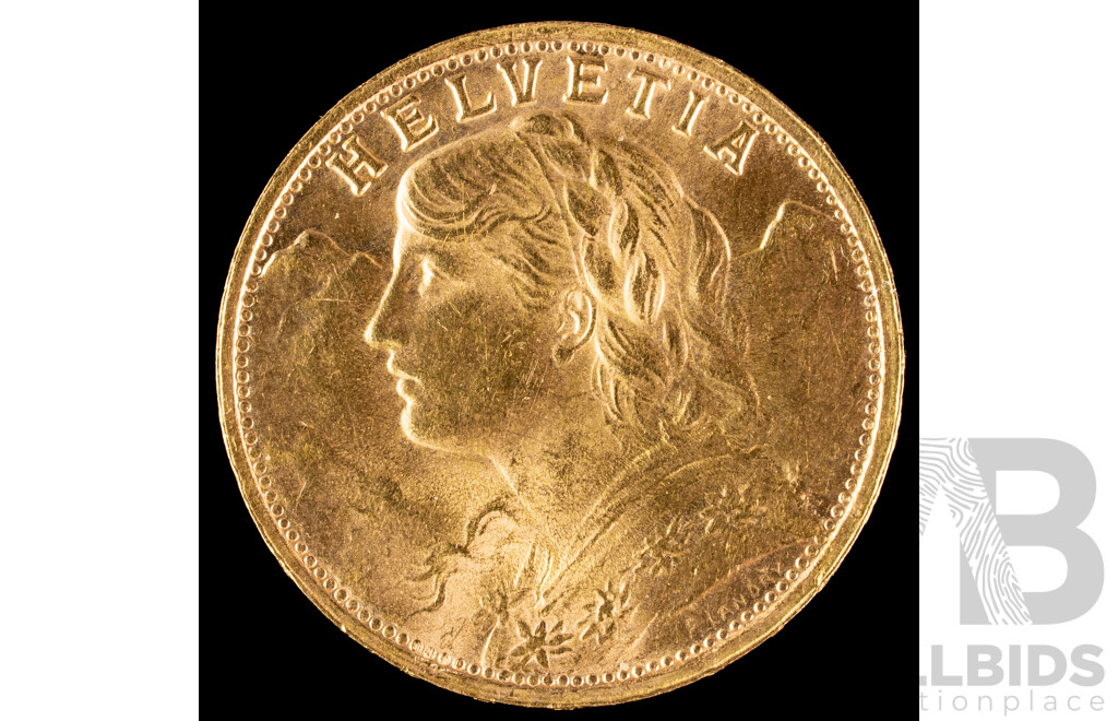 Switzerland 1947 Gold Twenty Francs Coin, Bern Mint .900
