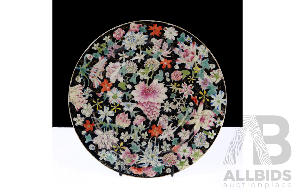 Antique Chinese Hand Painted Famille Noir Porcelain Plate, Circa 1800s