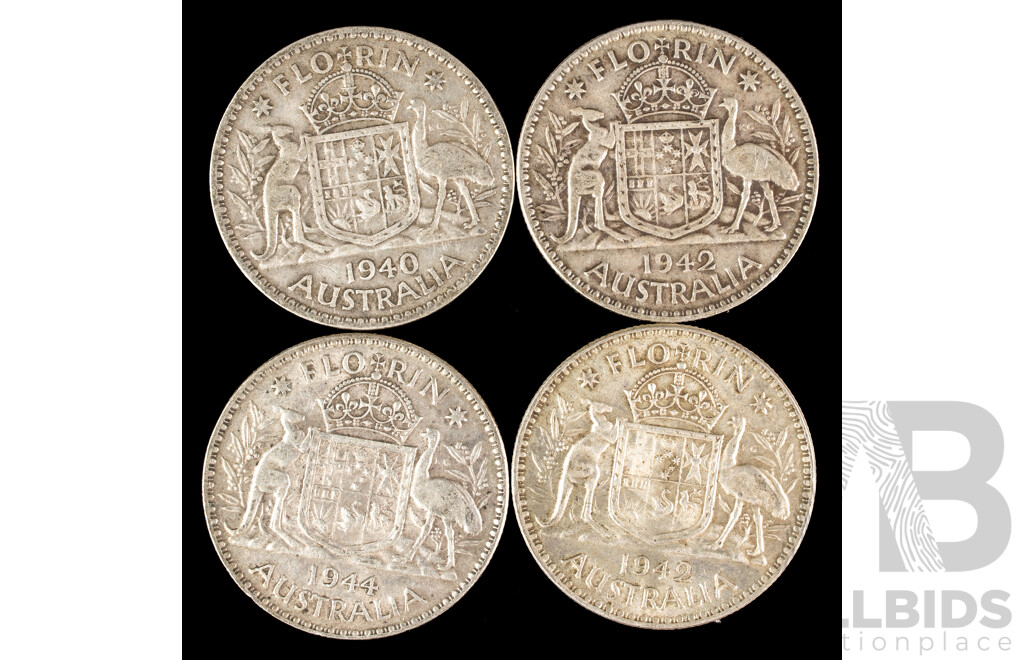 Four Australian KGVI Silver Florins Including 1940, 1942(2) 1944  .925