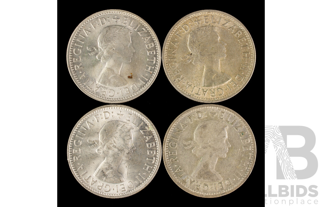 Four Australian QE2 Silver Florins Including 1957, 1958, 1959, 1960  .500