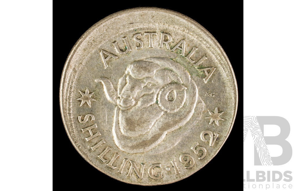 Australian 1952 Silver Shilling, Off Center Strike  .500