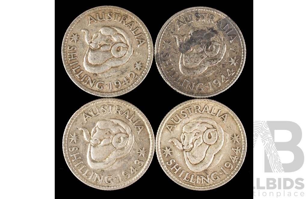 Four Australian KGVI Silver Shillings Including 1942, 1943, 1944(2)  .925