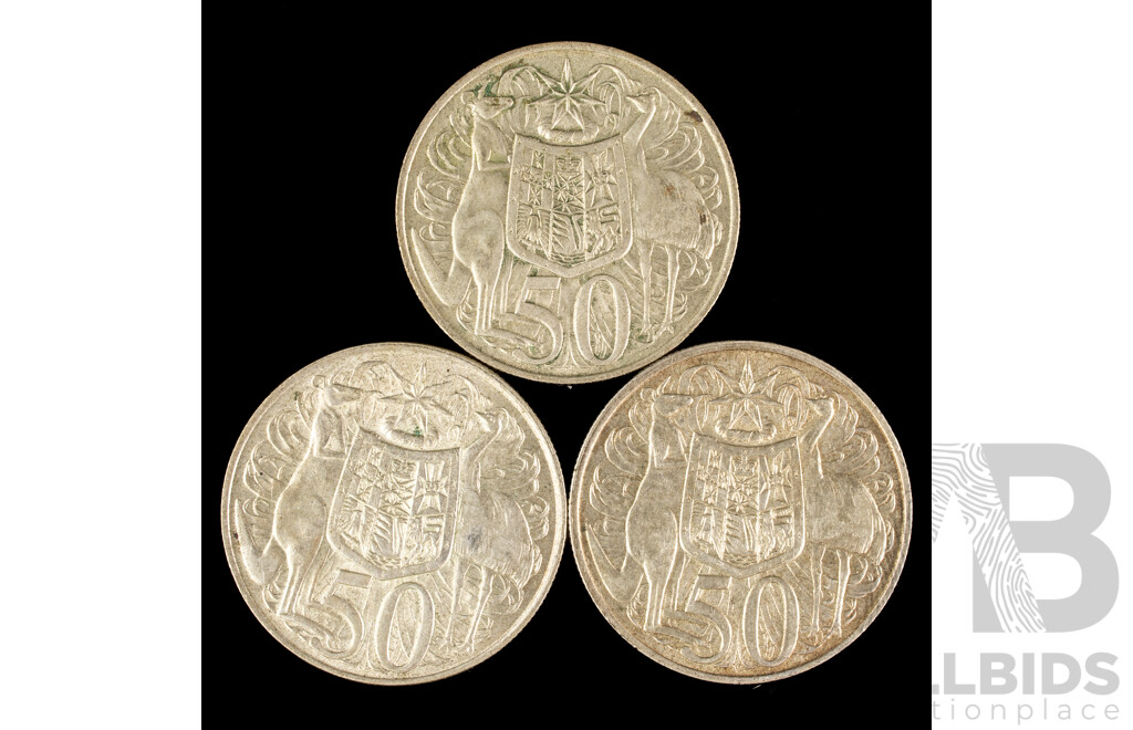 Three Australian 1966 Round Silver Fifty Cent Coins .800