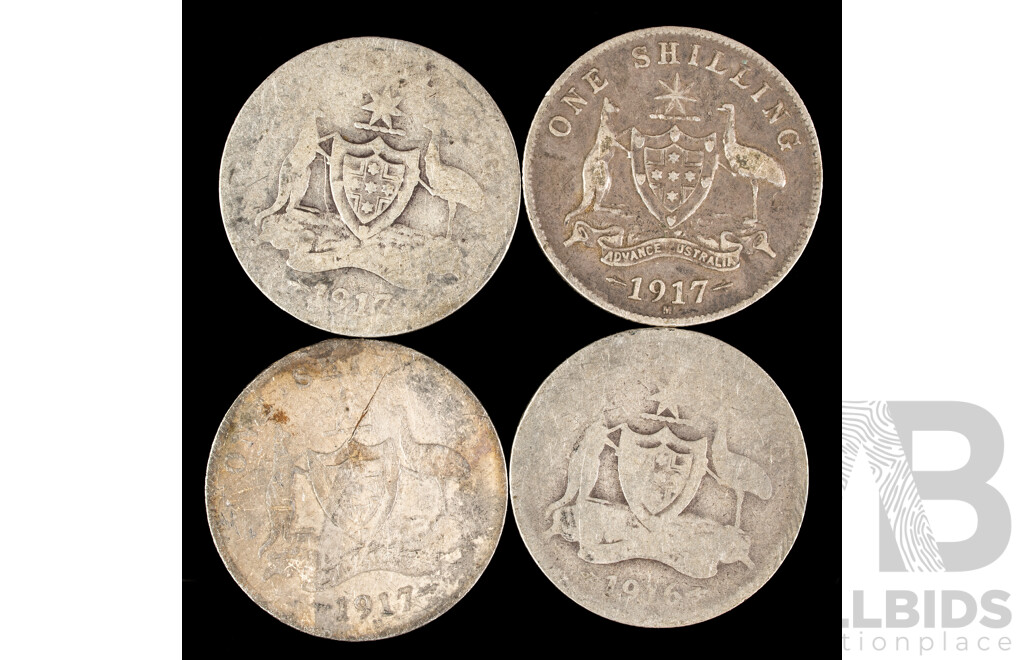 Four Australian KGV Silver Shillings Including 1917M(2), 1917, 19?6  .925