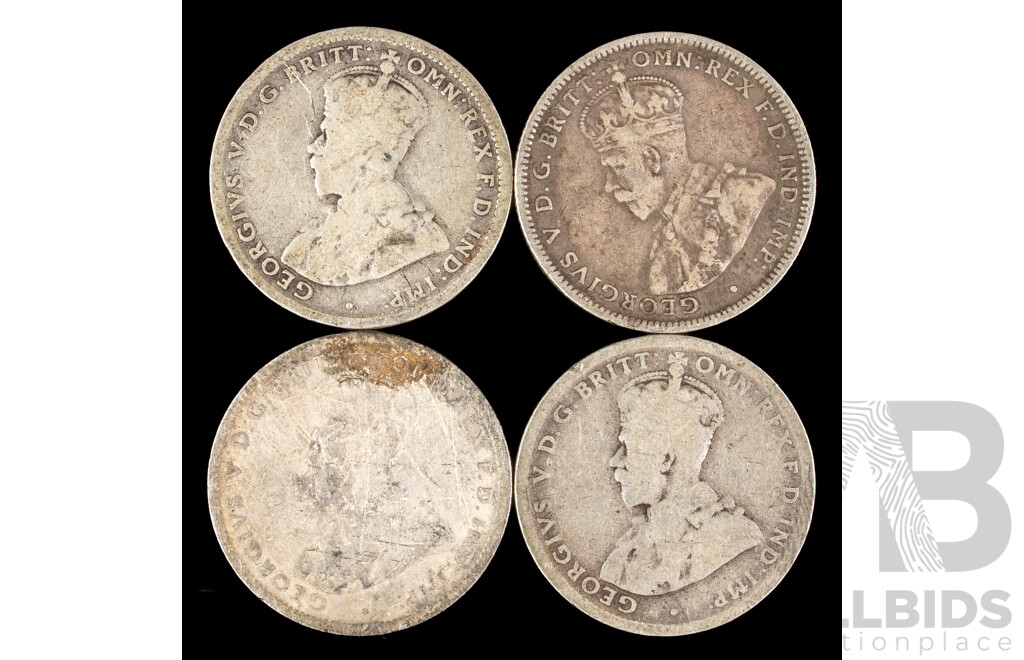 Four Australian KGV Silver Shillings Including 1917M(2), 1917, 19?6  .925