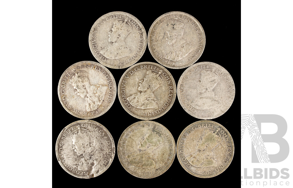 Eight Australian KGV Silver Sixpence Including 1912, 191?, 1925(2), 1926, 1927, 1934, 1936  .925