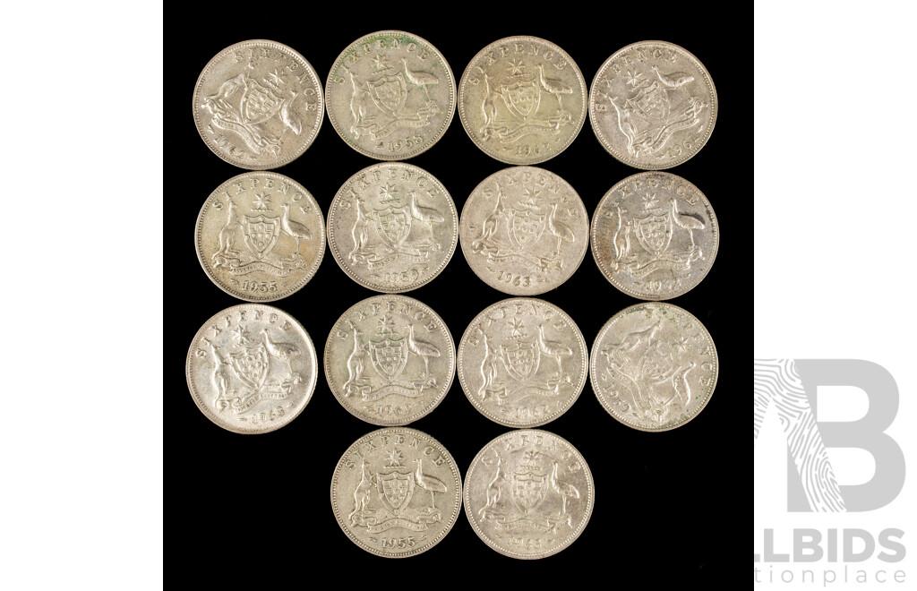 Fourteen Australian QE2 Silver Sixpence, Examples Spanning 1955 to 1963 .500