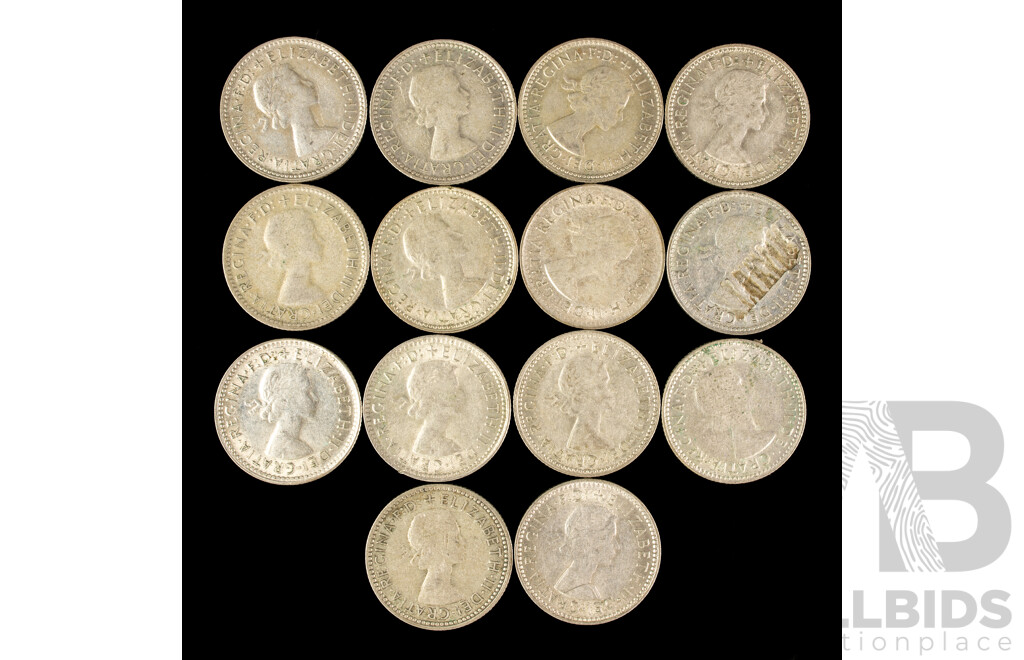 Fourteen Australian QE2 Silver Sixpence, Examples Spanning 1955 to 1963 .500