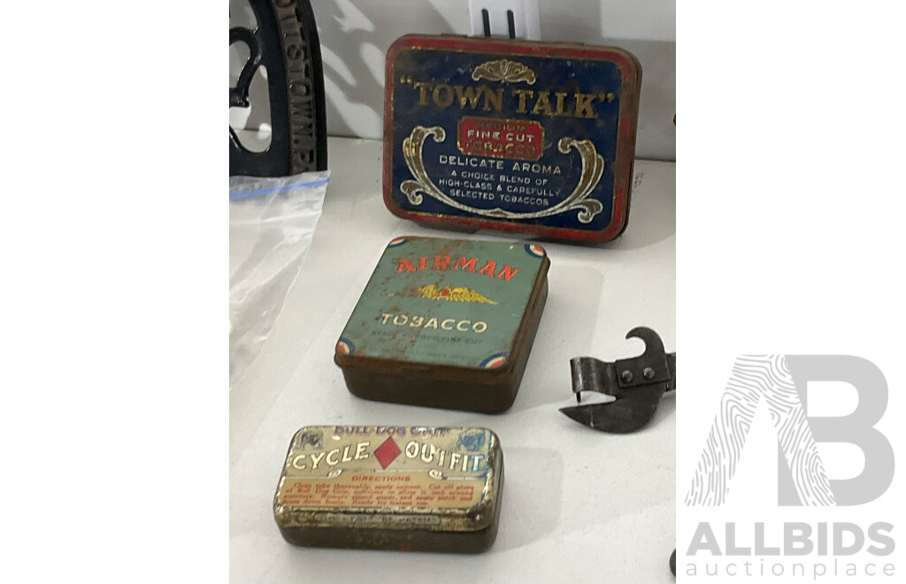 Collection of Vintage Items Including Hot Cross and Colebrookdale Iron Co Cast Iron Trivets, Six Bottle Openers(Tooths, KB Larger) Gillette Shaver, Can Opener, Cherry Stoner, Tobacco/Cycle Tube Tins, Brass Bed Finials